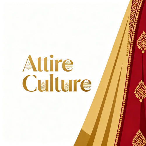 Red and gold traditional garment with 'Attire Culture' text on a white background